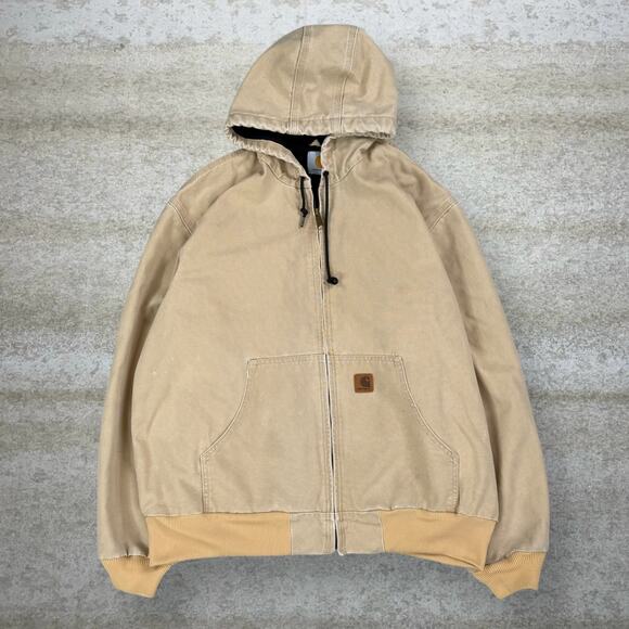 Vintage Carhartt Jacket Tan Cotton Canvas Mesh Lined Hooded Full Zip 90s